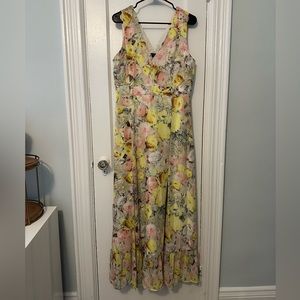INC Floral Empire Waist Side Zip Dress Size 12 Yellow Pink